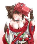  breasts brown_hair canine dog dog_ears doggirl eyes_closed female hair mammal mask plain_background solo tail unknown_artist white_background 