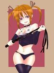  bad_id bad_pixiv_id bangs bare_shoulders black_legwear black_panties blue_eyes bow collar detached_sleeves flogger grin hair_bow hair_ornament lyrical_nanoha mahou_shoujo_lyrical_nanoha midriff navel panties red_hair smile solo takamachi_nanoha thighhighs twintails underwear whip wide_hips 