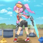  bad_id bad_pixiv_id bandages bandaid bandaid_on_nose bike_shorts child crate energy_sword energy_weapon forest from_behind gloves gun handgun headset highres kneepits long_hair looking_back midriff mizorogi_shougo nature phantasy_star phantasy_star_portable phantasy_star_portable_2 pink_eyes pink_hair science_fiction socks solo standing sweat sword twintails weapon 