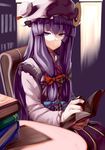  bangs blunt_bangs book bow crescent hair_bow hat jpeg_artifacts long_hair open_book patchouli_knowledge purple_eyes purple_hair sitting solo striped sukocchi table touhou tsurime 