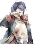  bandages blood blue_hair bruise garlock_simon injury kuroemon male_focus open_clothes sarashi simon sketch solo tengen_toppa_gurren_lagann trench_coat 