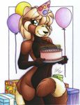 balloon birthday cake candle covering covering_self female food gift green_eyes hat hi_res looking_at_viewer mammal michele_light nude red_panda solo 