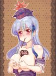  bad_id bad_pixiv_id blue_hair blush breast_squeeze breasts chocolate chocolate_heart cleavage collarbone food hat heart kairakuen_umenoka kamishirasawa_keine large_breasts long_hair off_shoulder open_clothes pocky red_eyes solo topless touhou upper_body valentine 