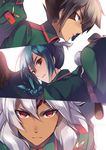  baddap_sleed braid dark_skin dark_skinned_male dutch_angle eska_bamel facial_mark green_hair inazuma_eleven inazuma_eleven_(series) looking_back male_focus military military_uniform mistorene_callus multiple_boys red_eyes tousaki_umiko uniform white_hair 