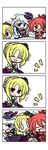  4koma blonde_hair blue_eyes chibi comic dress fang flower hair_flower hair_ornament hat highres horns multiple_girls one_eye_closed orange_eyes pixiv_fantasia pixiv_fantasia_5 red_hair white_hair yanagi_(nurikoboshi) yellow_eyes 