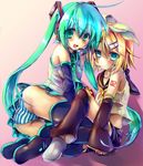  aqua_eyes aqua_hair arm_warmers blonde_hair chlee colorized detached_sleeves hair_ornament hair_ribbon hairclip hatsune_miku headphones headset kagamine_rin leg_warmers long_hair multiple_girls necktie panties ribbon short_hair skirt striped striped_panties thighhighs twintails underwear very_long_hair vocaloid 