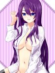  1girl artist_request black_legwear black_thighhighs blue_eyes breasts cleavage female large_breasts long_hair navel open_clothes open_shirt original pichagorou purple purple_background purple_hair shirt sitting smile solo thighhighs 