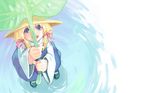  :d akie_(tyamau0525) bad_id bad_pixiv_id blonde_hair blue_eyes from_above happy hat highres leaf_umbrella mary_janes moriya_suwako open_mouth shoes smile solo standing standing_on_liquid touhou water 