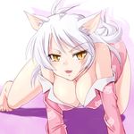  all_fours animal_ears bakemonogatari black_hanekawa breasts cat_ears cleavage covered_nipples fangs hanekawa_tsubasa large_breasts long_hair monogatari_(series) nekomonogatari pajamas slit_pupils solo urase_shioji white_hair yellow_eyes 