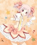  :o bad_id bad_pixiv_id bow bubble_skirt chico152 dress gloves hair_bow hair_ribbon kaname_madoka kyubey magical_girl mahou_shoujo_madoka_magica open_mouth orange_background pink_eyes pink_hair ribbon short_hair short_twintails skirt star starry_background twintails 