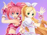  armpits blonde_hair blue_eyes bow braid cure_melody cure_rhythm earrings green_eyes hair_ribbon hairband heart houjou_hibiki jewelry long_hair magical_girl midriff minamino_kanade multiple_girls pink_bow pink_hair pointing precure ribbon ryou_(pixiv22748) smile suite_precure twintails wrist_cuffs 