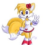  blue_eyes canine female fox gloves hair_ribbon looking_at_viewer multiple_tails solo sonic_(series) standing tail tailsko unknown_artist 