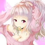  breasts cleavage face idolmaster idolmaster_(classic) long_hair medium_breasts mouth_hold nira_(vira) ponytail red_eyes shijou_takane silver_hair solo sweater 