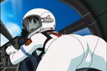  airplane ass bodysuit brown_eyes brown_hair cameltoe cloud cockpit doi_shizuha embarrassed female helmet inside jet looking_back lying on_stomach open_mouth pilot_suit piloting skin_tight sky spacesuit stratos_4 
