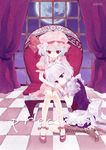  blue_hair boots chair checkered checkered_floor cocco-saco curtains full_moon hat izayoi_sakuya maid maid_headdress moon multiple_girls night purple_eyes red_eyes remilia_scarlet short_hair silver_hair sitting touhou window 