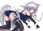 all_fours animal_ears ass dog_ears dog_tail elbow_gloves gloves izayoi_sakuya kemonomimi_mode leash maid maid_headdress one-piece_swimsuit panzer red_eyes school_swimsuit short_hair silver_hair solo swimsuit tail thighhighs touhou 