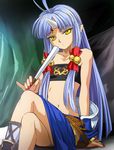  bell blue_hair closed_fan crossed_legs fan folding_fan hair_ornament haruyama_kazunori horn long_hair midriff navel pinky_out pointy_ears sitting solo strapless super_robot_wars super_robot_wars_og_saga_mugen_no_frontier suzuka_hime tubetop yellow_eyes 