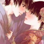  1girl black_hair blush brown_eyes clothes_grab eye_contact flower from_side hair_flower hair_ornament hetero japanese_clothes kazehaya_shouta kimi_ni_todoke kimono kuronuma_sawako lipstick looking_at_another lowres makeup profile yukiko_(snow_sugar) 