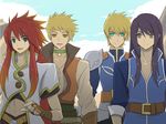  aqua_eyes armor bad_id bad_pixiv_id blonde_hair brown_eyes choker crossover flynn_scifo gloves green_choker guy_cecil long_hair luke_fon_fabre male_focus multiple_boys purple_hair red_hair smile tales_of_(series) tales_of_the_abyss tales_of_vesperia uniform yamato_(f&amp;m) yellow_eyes yuri_lowell 