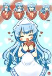  blue_hair chibi chocolate closed_eyes dress geukhan_taeyang hat hug ikamusume korean long_hair mini-ikamusume minigirl multiple_girls multiple_persona shinryaku!_ikamusume shrimp tentacle_hair valentine 