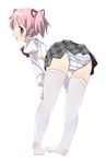  ass bent_over brown_eyes cameltoe fat_mons highres kaname_madoka kazuha_nanako mahou_shoujo_madoka_magica mitakihara_school_uniform panties pink_hair pleated_skirt school_uniform short_twintails skirt solo striped striped_panties thighhighs twintails underwear white_legwear 