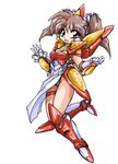  90s armor bad_id bad_pixiv_id boots bow brown_hair choker elbow_gloves full_body ginga_ojou-sama_densetsu_yuna gloves greaves happy high_heels knee_boots leg_garter looking_at_viewer mecha_musume mizuno_yoko okuri_ookami open_mouth panties pauldrons purple_eyes red_armor ribbon shoes short_hair simple_background solo twintails underwear white_background 