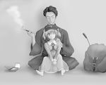  1girl akutagawa_ryuunosuke bag barefoot closed_eyes feet greyscale hair_ornament hat hinami_(hinatamizu) image_sample kawashiro_nitori key kiseru md5_mismatch monochrome one_eye_closed pipe pixiv_sample sitting smoke touhou two_side_up 