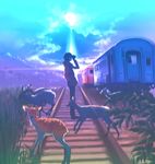  3_degrees_celsius animal binoculars cloud deer grass ground_vehicle hand_in_pocket male_focus original plant railroad_tracks sky solo standing sun train 