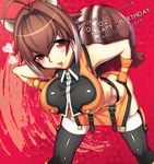 animal_ears antenna_hair bare_shoulders bent_over blazblue breasts brown_eyes brown_hair cleavage engrish fingerless_gloves gloves happy_birthday jou_(mono) large_breasts makoto_nanaya ranguage short_hair skirt solo squirrel_ears squirrel_tail tail thighhighs 