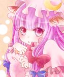  animal_ears bow cat_ears crescent eyelashes hair_bow hat kemonomimi_mode long_hair long_sleeves looking_at_viewer patchouli_knowledge paw_pose pink_background polka_dot purple_eyes purple_hair solo soyd_562 tongue tongue_out touhou upper_body 