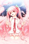  alternate_hair_color cherry_blossoms detached_sleeves hair_ornament hatsune_miku jyuru long_hair necktie object_namesake petals pink_hair red_eyes sakura_miku skirt solo thighhighs twintails very_long_hair vocaloid 