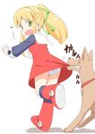  ass biting blonde_hair boots dog dress dress_pull green_eyes hair_ribbon knee_boots open_mouth panties pantyshot ponytail pulled_by_another red_skirt ribbon rockman roll skirt skirt_pull solo takayaki tears underwear upskirt wavy_mouth white_panties 