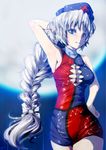  alternate_costume arm_up armpits braid breasts cleavage cleavage_cutout full_moon grey_hair hand_behind_head hand_on_hip hat long_braid long_hair medium_breasts moon nurse_cap nyuu_(manekin-eko) ponytail silver_hair solo touhou yagokoro_eirin 