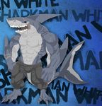  claws dorsal_fin fangs fins grin looking_at_viewer male marine muscles open_mouth scalie shark solo standing tail tankasaurus 