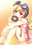  bad_id bad_pixiv_id bakemonogatari barefoot blonde_hair doughnut dress food goggles goggles_on_head hat helmet ibuki_mana long_hair monogatari_(series) oshino_shinobu red_eyes solo strap_slip 