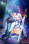  blue_eyes blue_hair cape gloves highres magical_girl mahou_shoujo_madoka_magica miki_sayaka osamu panties pantyshot pantyshot_(sitting) short_hair sitting skirt solo sword tears thighhighs underwear weapon 