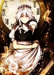  bow braid bug butterfly clock flower hair_bow highres insect irohara_mitabi izayoi_sakuya maid maid_headdress outstretched_arm outstretched_hand red_eyes short_hair silver_hair solo touhou twin_braids 