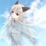  animal_ears blonde_hair cloud day eila_ilmatar_juutilainen hitomi_karera long_hair lowres military military_uniform purple_eyes sky solo strike_witches uniform world_witches_series 