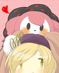  bad_id bad_pixiv_id blonde_hair blush charlotte_(madoka_magica) face hat heart mahou_shoujo_madoka_magica object_on_head rine smile tomoe_mami yellow_eyes 