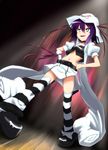  choker diesel-turbo dutch_angle fang green_eyes hat merry_nightmare midriff purple_hair ribbon solo striped striped_legwear thighhighs yumekui_merry 