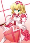 alexia_lynn_elesius armor armored_dress blonde_hair boots bow dress elbow_gloves gloves green_eyes hairband jewelry knight mutsuki_masato pink_background pink_bow pink_dress ribbon ring short_hair simple_background smile solo sword weapon wild_arms wild_arms_xf 