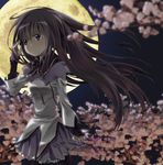  akemi_homura black_hair blue_eyes blurry cherry_blossoms depth_of_field full_moon hair_tucking highres isumi_sayaka long_hair mahou_shoujo_madoka_magica moon school_uniform solo wind 