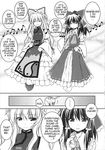  fan greyscale hakurei_reimu hard_translated highres hirasaka_makoto instrument monochrome multiple_girls touhou translated wind_chime yakumo_yukari 