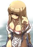  arc_the_lad bare_shoulders blonde_hair breasts brown_eyes brown_hair cleavage highres large_breasts lieza long_hair solo tokyo_(great_akuta) very_long_hair wet 