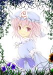  blue_dress blush bunchou_(bunchou3103) dress field flower flower_field hat highres pink_eyes pink_hair plant saigyouji_yuyuko smile solo touhou upper_body vines 