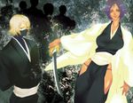  1girl bad_id bad_pixiv_id bleach bleach:_turn_back_the_pendulum dark_skin haori japanese_clothes katana mask purple_hair shiba_(and_more) shihouin_yoruichi short_hair sword taichou_haori urahara_kisuke weapon yellow_eyes 