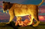  3d after_sex afternoon animal blonde_hair cgi chi_(artist) cum cum_string dripping feline female feral from_behind grass hair hindpaw human interspecies looking_at_viewer male penis poser_porn raised_tail sabertooth straight sunset tail tiger zoo 