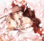  atoki blonde_hair bow brown_hair hair_bow hakurei_reimu hat multiple_girls touhou yakumo_yukari yuri 