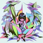  axe black_hair highres jnt leaf leaves multicolored_skin nipple_slip nipples open_legs plant plants purple_eyes sitting spread_legs thick_thighs thighs weapon 