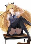  animal_ears black_legwear blonde_hair chair character_request copyright_request crossed_legs desk fox_ears glasses grin hitosashiyubi loafers long_hair panties pleated_skirt ribbon school_uniform shoes sitting skirt smile solo striped striped_panties table thighhighs underwear very_long_hair yellow_eyes 